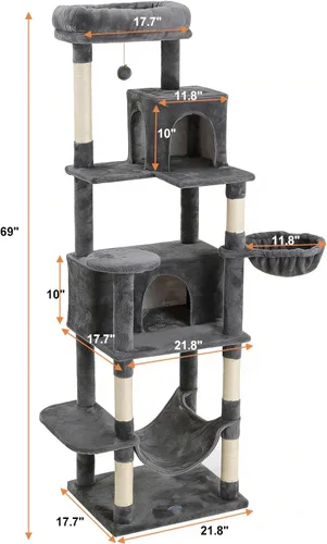 Miniatura 2 de Árbol para gatos de varios niveles, torre para gatos de 69 pulgadas de alto con 2 condominios de felpa, hamaca y percha de felpa, postes rascadores