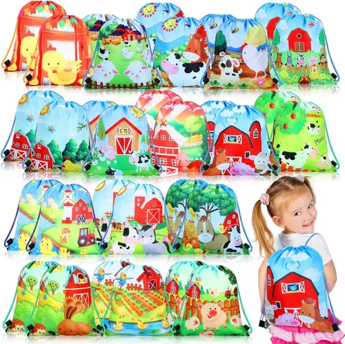 Shappy 32 bolsas con cordón de animales de granja de 10 x 12 pulgadas, bolsas de cuerda para fiestas de animales, bolsas de dulces para niños,