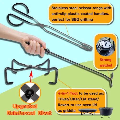 Miniatura 3 de Kit de accesorios de campamento para horno holandés 5 en 1, equipo de cocina con guantes resistentes al calor, pinzas de tijeras de 16 pulgadas