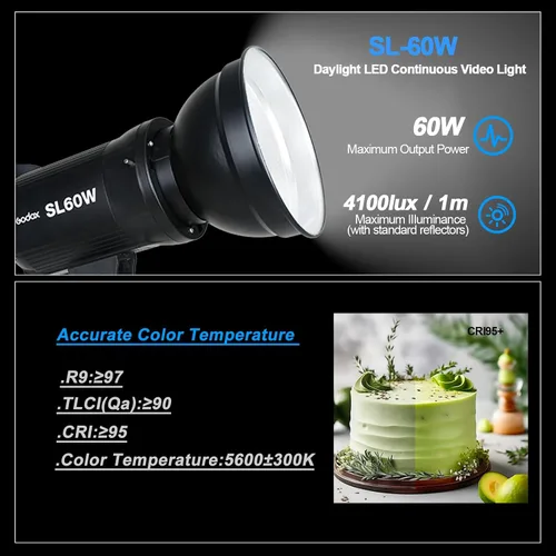 Miniatura 4 de Godox SL-60W CRI 95+ Luz de vídeo LED SL60W Versión Blanca 5600K 60WS Bowens Mount+Control Remoto+Reflector