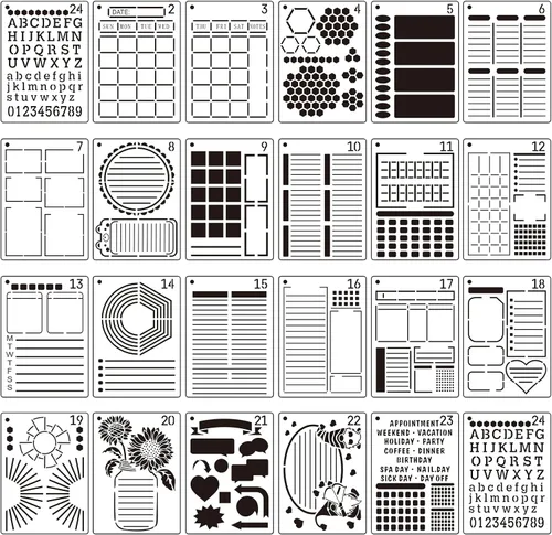 Miniatura 9 de Zonon Juego de 24 plantillas de plástico para diario, planificador, manualidades, plantillas de bricolaje de alta productividad para crear