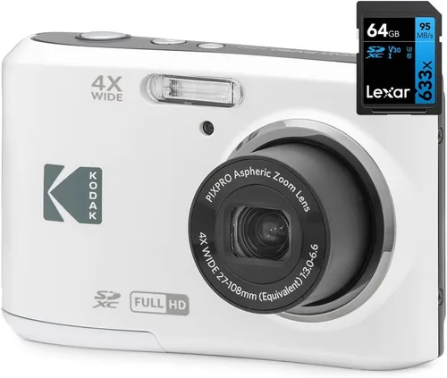 Kodak FZ45WH PIXPRO FZ45 - Cámara digital de 16 MP, color blanco, paquete con tarjeta de memoria Lexar Professional 633x 64GB UHS-1 Clase 10 SDXC
