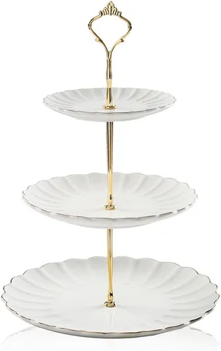 Miniatura 19 de Sweejar Soporte de cerámica para tartas de 3 niveles, soporte para postres, soporte para cupcakes, bandeja para servir pasteles de fiesta de té