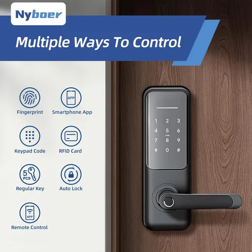 Miniatura 2 de Nyboer Cerradura de puerta inteligente WiFi, entrada sin llave con huella digital, teclado, acero inoxidable, acero de aleación