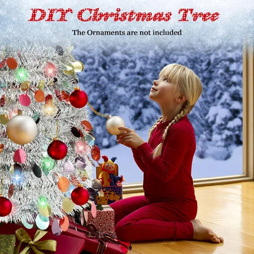 Miniatura 5 de Árbol de Navidad Tipo Lápiz de 5 Pies, Árbol de Navidad Artificial Plegable con Lentejuelas Pop Up, Árboles de Navidad de Oropel Tipo Lápiz Delgado