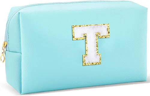 Miniatura 29 de URSKYTOUS Regalos para niñas, bolsa de maquillaje con inicial, bolsa de cosméticos personalizada con cremallera, bonita bolsa de aseo de viaje, Azul