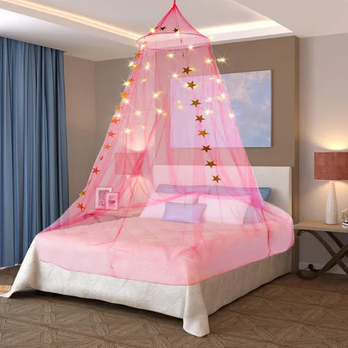 Miniatura 4 de Tatuo Red de malla para colgar en la cama, toldo de cama y 40 luces LED parpadeantes y guirnalda colgante de estrellas de 13.1 ft para camas