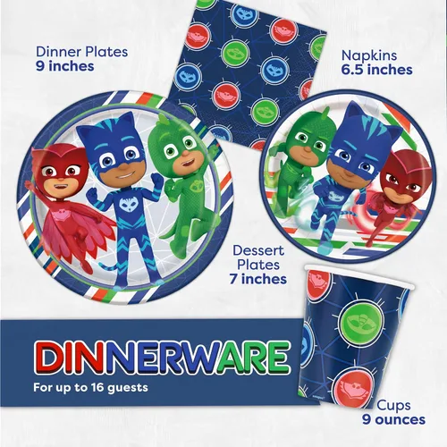 Miniatura 4 de PJ Masks - Juego de suministros para fiesta de cumpleaños, decoración, cubierta de mesa, platos, vasos, servilletas y botón para 16 invitados, niños