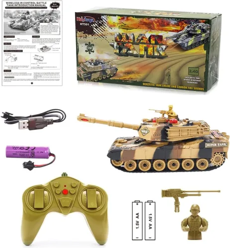 Miniatura 7 de Haktoys Tanque de batalla a control remoto a control remoto a escala 1:24, juguete militar con disparo infrarrojo, torreta giratoria, luces