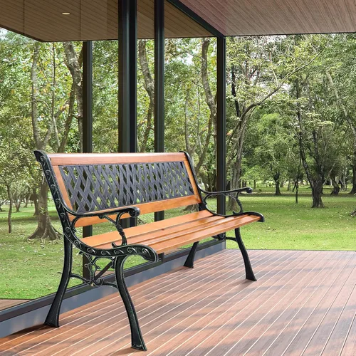 S AFSTAR Banco de jardín, banco de pino con respaldo de tejido de diamante, capacidad de carga de 470 libras, banco de madera resistente a la