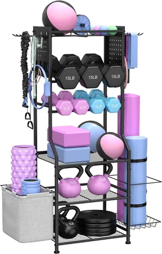 Estante para mancuernas, almacenamiento de gimnasio en casa para pesas rusas, esterilla de yoga y equipo de entrenamiento de fuerza, estante de