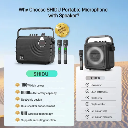 Miniatura 7 de SHIDU Sistema PA portátil de 150 W con 2 micrófonos inalámbricos, amplificador de voz Bluetooth y máquina de karaoke para adultos, soporte