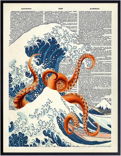 Miniatura 9 de Arte de Pared Decorativo Diccionario Pulpo Ola Kanagawa Japonés - Decoración Retro para el Hogar Reciclada de 8x10 pulgadas para Oficina