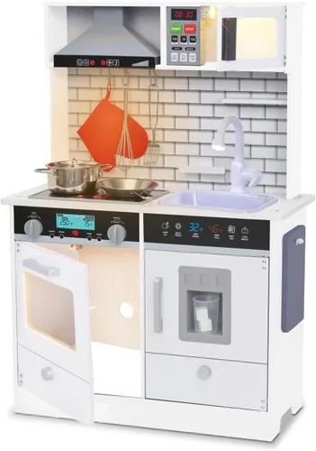 Lil' Jumbl Juego de cocina pequeño blanco para niños, cocina de madera de simulación, incluye campana extractora, microondas, estufa, horno que hace