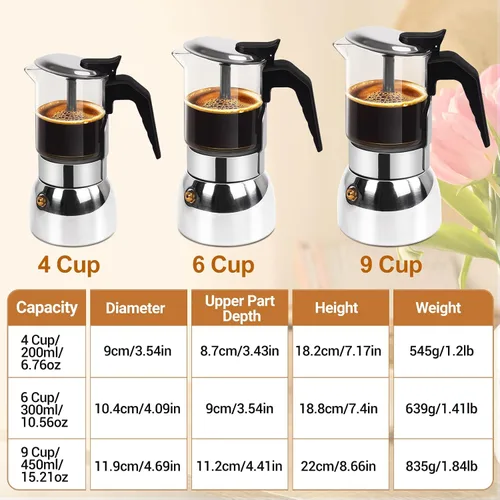 Miniatura 2 de Cafetera de 4 tazas de vidrio transparente, olla de moka de acero inoxidable 304 espesado para estufa, máquina de café italiana, cafetera Greca
