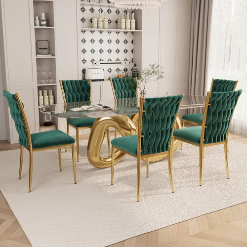 Miniatura 30 de Juego de 2 sillas de comedor de terciopelo, modernas sillas de cocina tejidas con patas de metal dorado, cojín tapizado con respaldo alto