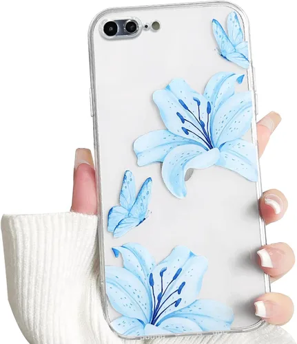 NITITOP Compatible con iPhone 7 Plus / 8 Plus Funda transparente con bonito patrón floral de lirio de mariposa para mujeres y niñas, lente de cámara