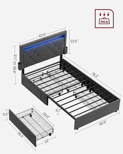 Miniatura 2 de VASAGLE Base de cama LED tamaño individual, cama individual con cabecera y 4 cajones, 1 puerto USB y 1 puerto tipo C, cabecera tapizada ajustable
