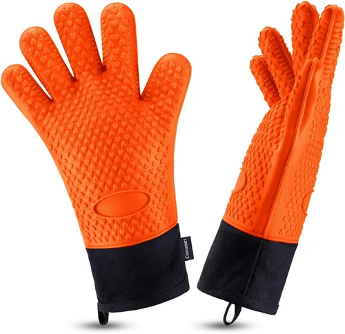 Miniatura 9 de Comsmart Guantes para barbacoa, guantes de silicona resistentes al calor para parrilla, manoplas de horno de cocina impermeables y largas con capa