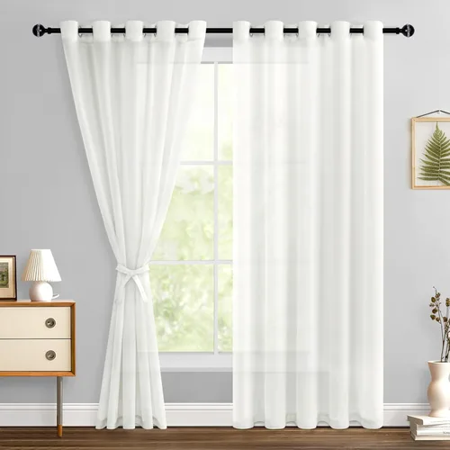 Miniatura 103 de Hiasan - Cortinas traslúcidas de gasa cortas semitransparentes con ojales y alzapaños filtrantes de luz para ventana, dormitorio, baño, 2 paneles