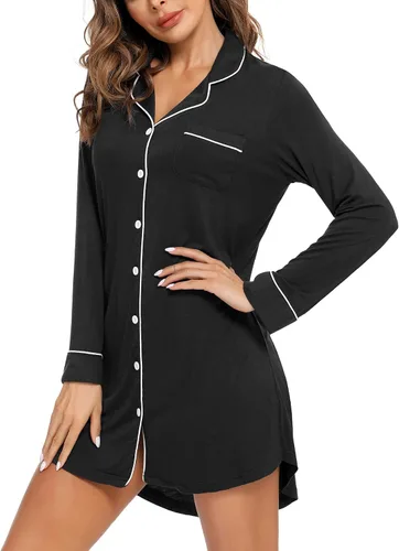 Miniatura 108 de Samring Camisón de pijama para mujer, manga corta/larga, con botones, camisón para dormir, camisón para novio, talla XXL