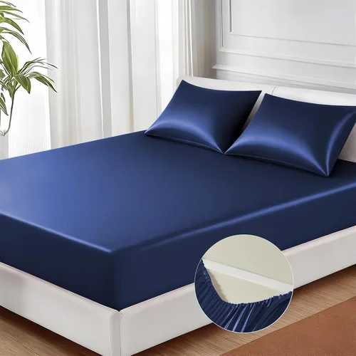 Miniatura 11 de MR&HM Sábana bajera de satén tamaño individual, sábana inferior sedosa con correas elásticas en las esquinas, bolsillo profundo de hasta 15