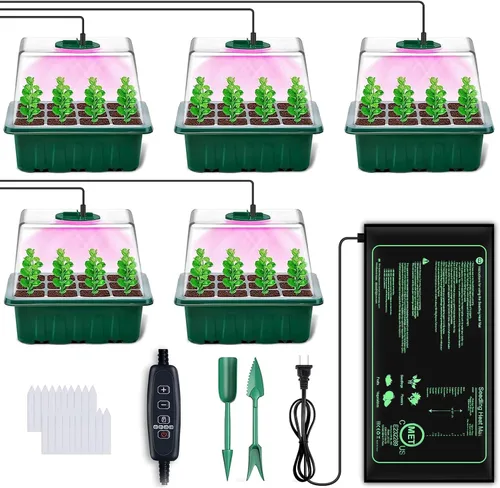 YAUNGEL Bandeja de Inicio de Semillas con Luz de Crecimiento, Kit de Inicio de Semillas de 5 Paquetes con Alfombrilla Térmica, Bandejas de Inicio de