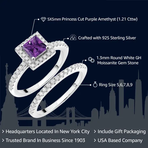 Miniatura 8 de 925 Sterling Silver Halo Bridal Ring Band Set for Women 5MM Princess Cut Gemstone Birthstone with Round White Moissanite Accents Wedding