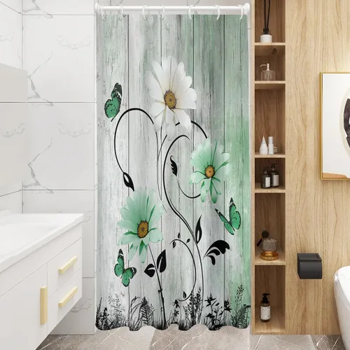 Miniatura 17 de AAtter Cortina de ducha floral azul rústica boho gris blanco amarillo margarita naturaleza negro botánico telón azul verdoso turquesa tela única