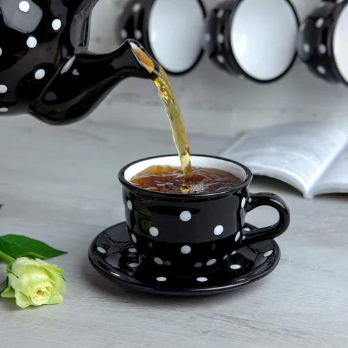 Miniatura 4 de City to Cottage Taza y platillo de café capuchino de cerámica grande de lunares blancos y negros hechos a mano de 12 oz/11.8 fl oz, cerámica
