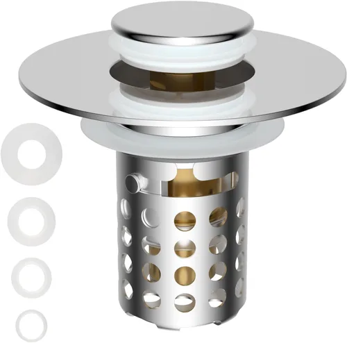 Miniatura 10 de Colador universal para desagüe de lavabo de baño atrapa cabellos, 2 piezas mejoradas con cesta de filtro de acero inoxidable extraíble, tapón