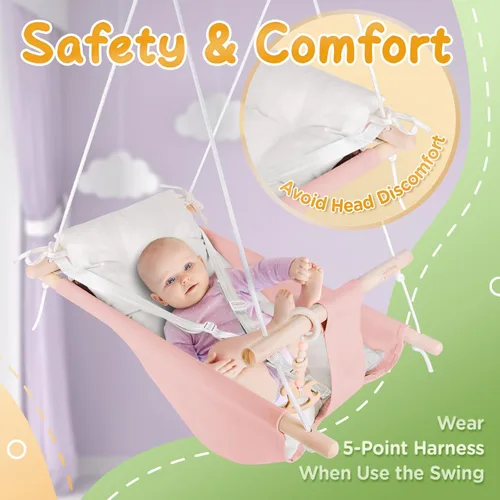 Miniatura 3 de Columpio para bebé en interiores y exteriores, hamaca de lona para bebé a niño pequeño con un asiento cómodo, juguete de madera de macarrón, arnés