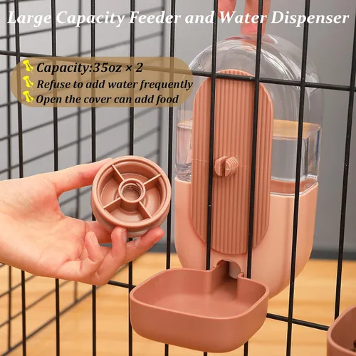 Miniatura 4 de Kenond Dispensador Automático Colgante de Comida y Agua para Mascotas de 35 oz, Conjunto de Comedero y Bebedero Automático por Gravedad para Rosa