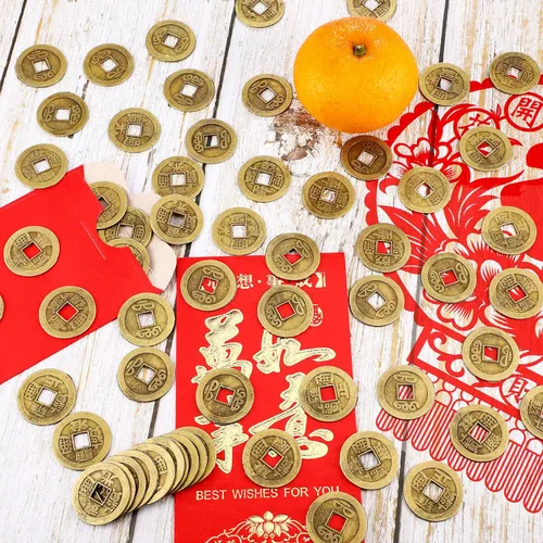 Miniatura 5 de Boao 100 Piezas Monedas Chinas Monedas de Año Nuevo Chino Feng Shui Monedas I-Ching Ornamento para Riqueza y Buena Suerte (1.1 Pulgadas)