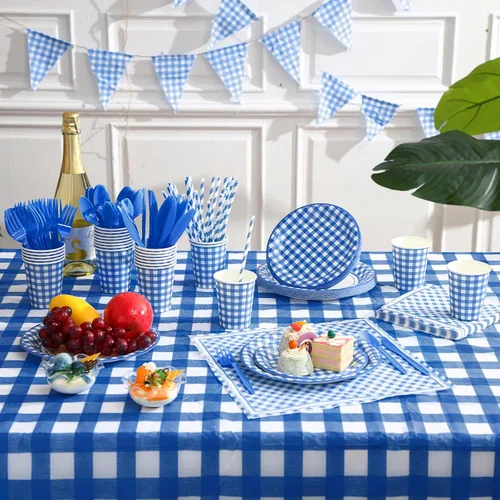 Miniatura 4 de Buryeah 205 piezas de suministros de fiesta azul y blanco para 25 invitados, mantel a cuadros a cuadros, banderines de papel, platos, servilletas