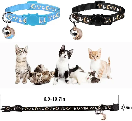 Miniatura 4 de Baeuppit 2 piezas de collares de gato separables con campana, lindos collares ajustables para gatitos con colgante que brillan en la oscuridad Negro
