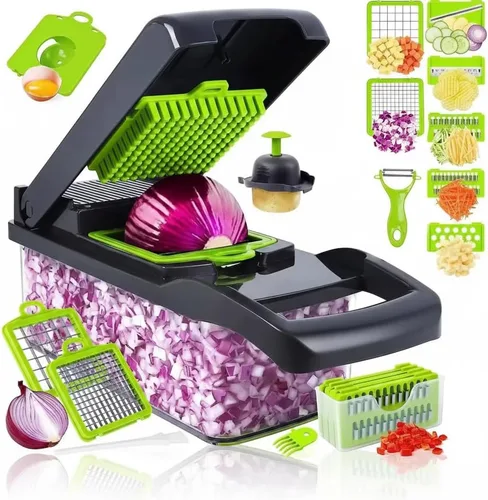 Picadora de verduras 14 en 1 con recipiente, picadora de cebolla, cortadora y ralladora, picadora de alimentos con cuchillas de acero inoxidable,