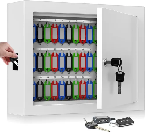 75 Keys White Key Lock Box, Anti-Theft Key Cabinet with Key Tags, Key Organizer Wall Mount for Car Garage House Rental Office Business
