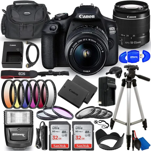 Canon EOS 2000D (Rebel T7) Cámara DSLR con lente EF-S 0.709-2.165 in f/3.5-5.6 DC III. El paquete incluye: 2 tarjetas SDHC Ultra de 32 GB (64 GB),