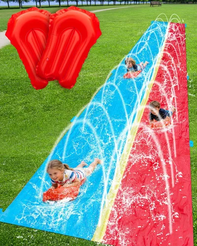Miniatura 9 de Spring Water Tobogán acuático de 40 pies para patio trasero de niños, tobogán acuático extra largo de 2 carriles con rociador, toboganes acuáticos