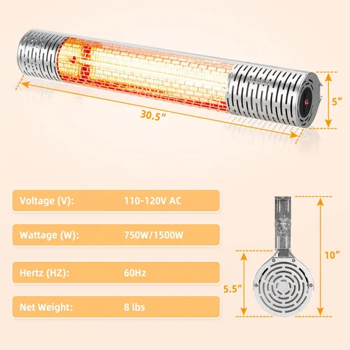 Miniatura 4 de Tangkula Calentador de patio montado en la pared de 1500 W, calentador eléctrico de infrarrojos lejanos para patio con control remoto, 2 ajustes