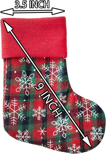 Miniatura 3 de Juego de 8 mini adornos de calcetín de Navidad de 9 pulgadas con purpurina a cuadros con estampado de copos de nieve, bolsas de regalo para niños
