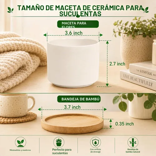 Miniatura 2 de ZOUTOG Macetas de Cerámica para Suculentas, Macetas de 4 Pulgadas, Macetas para Suculentas con Orificio de Drenaje y Bandeja de Bambú para Plantas