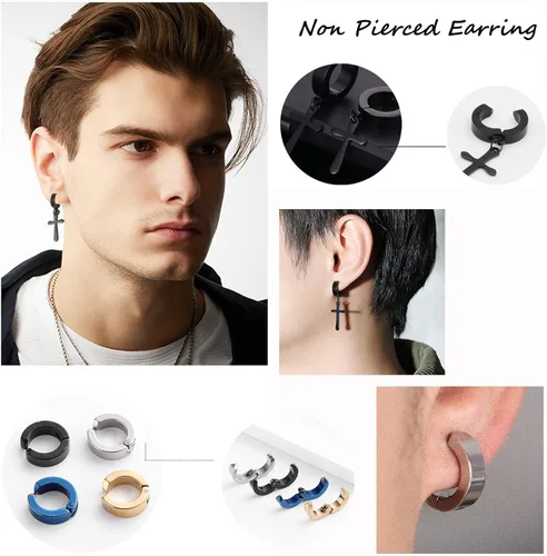 Miniatura 4 de Juego de 16 pares de aretes tipo dormilona para hombres y mujeres, de acero inoxidable 316L, aretes de aro colgantes de clip sin perforar, aretes