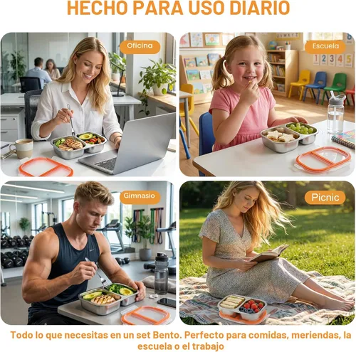 Miniatura 7 de Juego de cajas Bento de acero inoxidable, paquete de 3 cajas de almuerzo de 27 onzas / 27.1 fl oz con tapas firmes a presión, bolsa de almuerzo