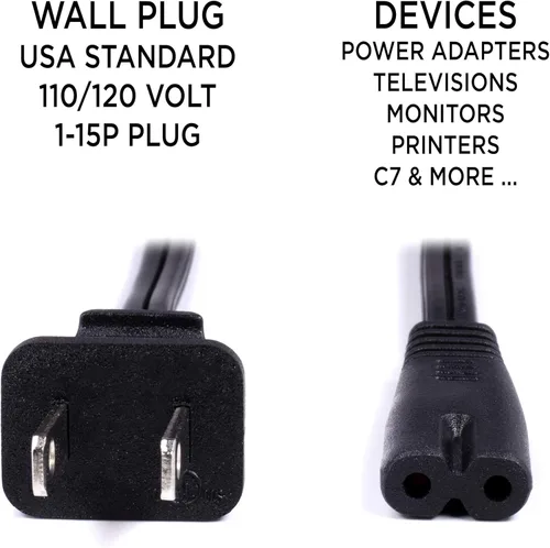 Miniatura 8 de Figura 8 Cable de alimentación (2 clavijas) con núcleo de alambre de cobre, no polarizado para satélite, CATV, sistemas de juego y más – NEMA 1-15P