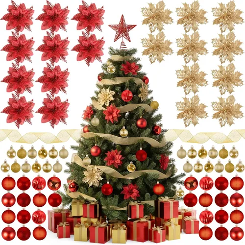 Miniatura 8 de Skylety Juego de 104 piezas de decoraciones para árbol de Navidad, adorno colgante azul de Navidad, bolas para árbol, estrella para la punta, flor
