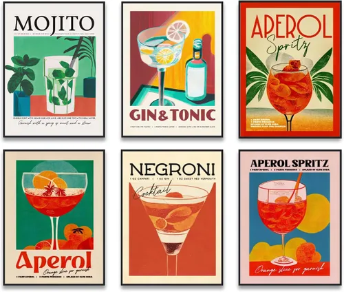 Fetyiu Vintage Cocktail Poster - Bar Cart Accessories and Decor,Retro Cocktail Wall Art, Funky Drink Aesthetic Pictures, Colorful Preppy Bar Art