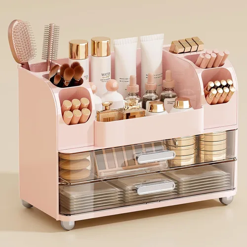 Miniatura 11 de UFORU Organizador de maquillaje para tocador con 2 cajones grandes, vitrina de cosméticos con soportes para cepillos, fácil de almacenar