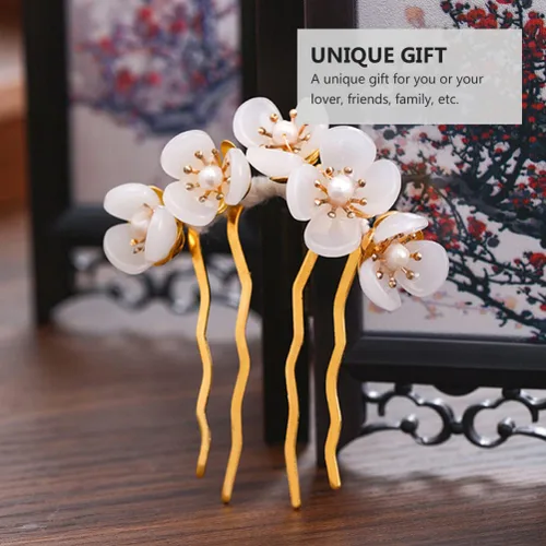 Miniatura 7 de Beaupretty 2 piezas de Jade Flower Hair Women Girls Hair Stick Chino Retro Chignon Pin palillos para el cabello, accesorios de peinado (blanco)